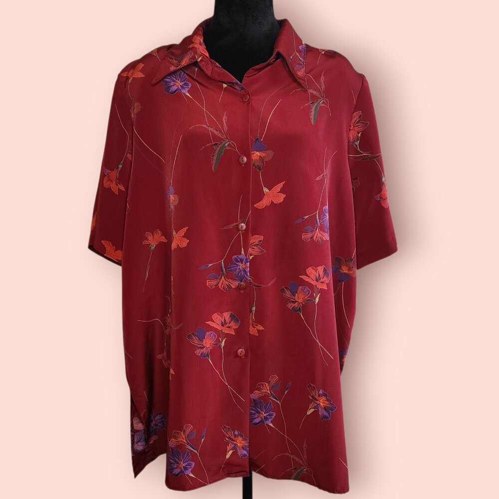 Vintage Indie Grandma core dark cottagecore Red Floral Button-Down Top size 1X
